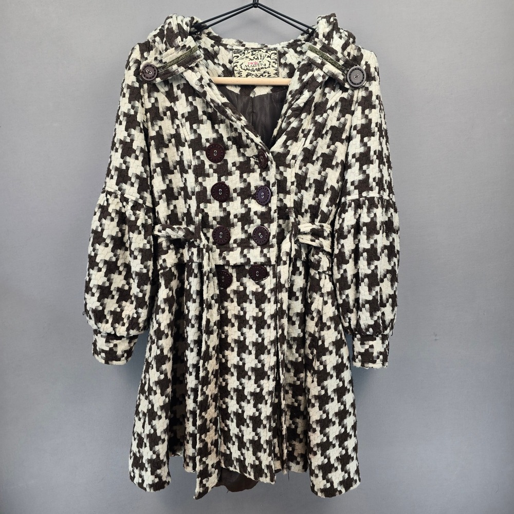 Pink Martini Houndstooth Hooded Double Breasted Coat Brown Cream Small